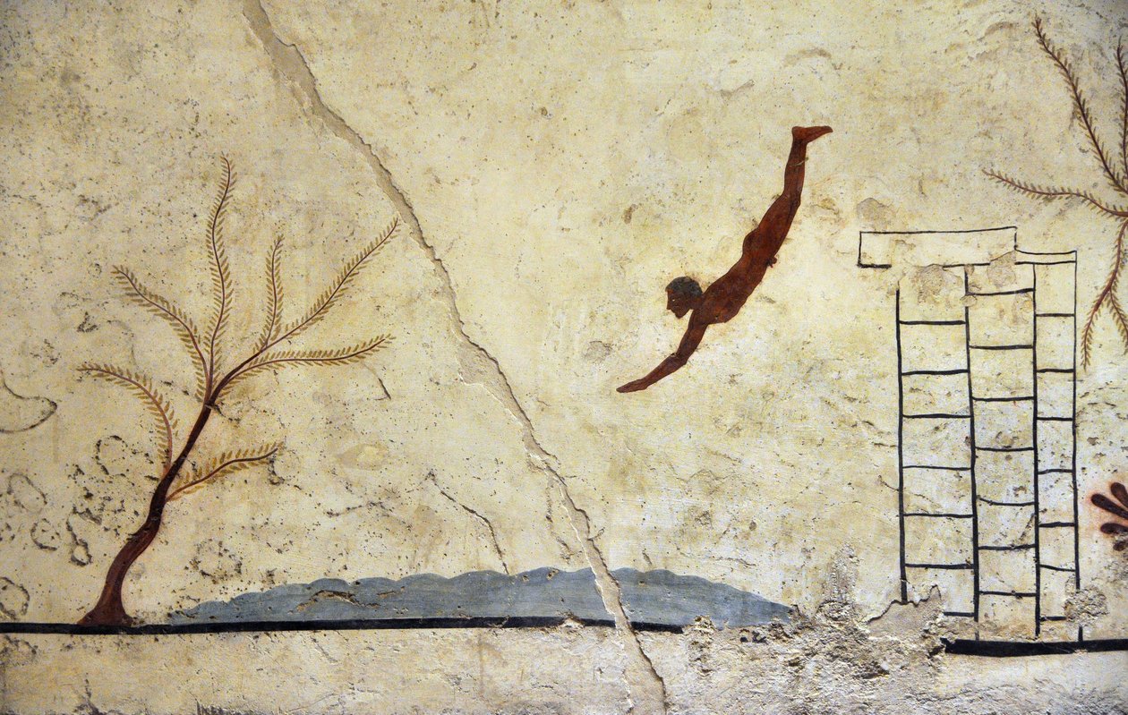 Görög művészet: Egy fiatal úszó búvárkodik. A "búvár" sírjának freskója, Paestum alkotó: Etruscan