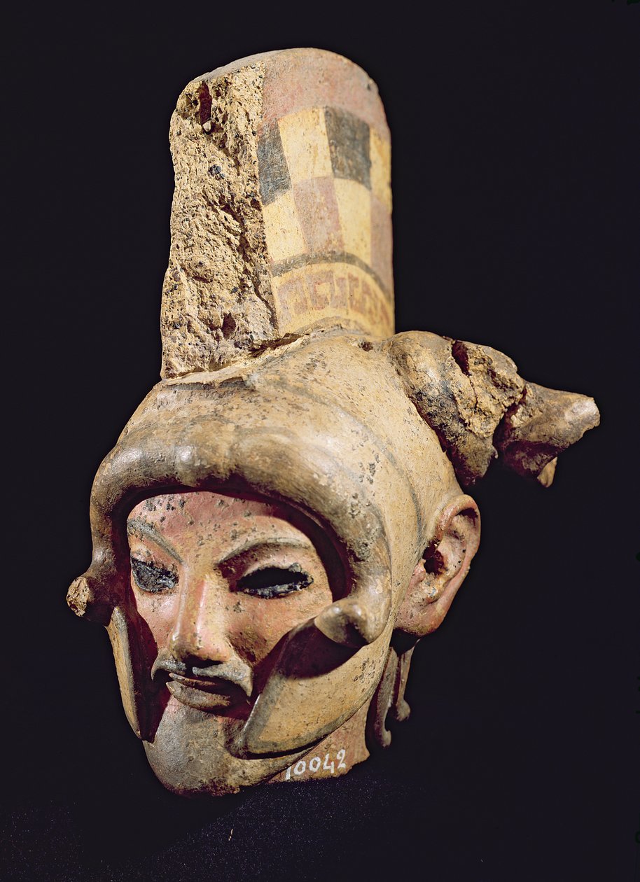 Sisakot viselő harcos feje, Satricumból (festett agyag) alkotó: Etruscan
