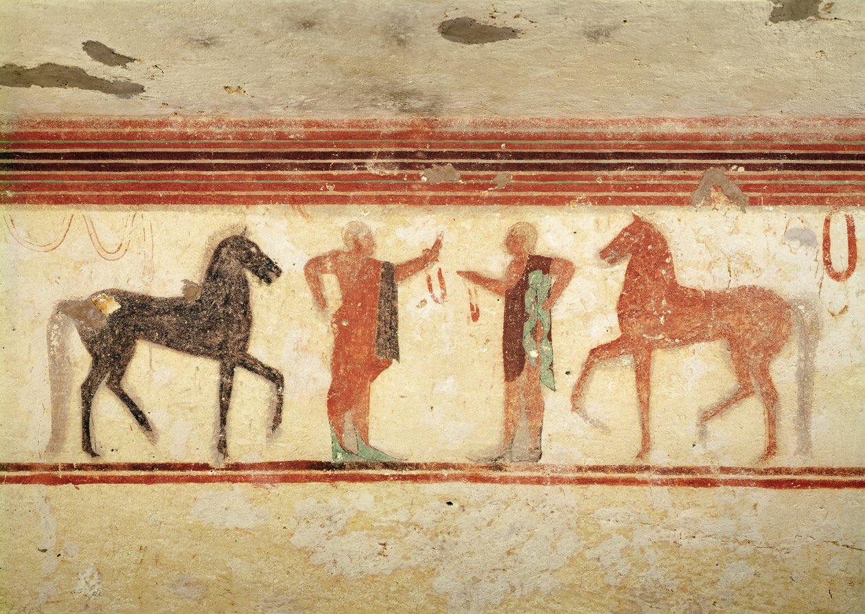 Lovak és gyeplőt tartó lovasok, a báró sírjából, ie 500 körül (falfestmény) alkotó: Etruscan