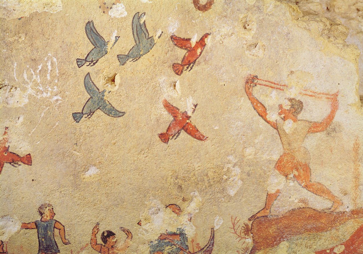 Madárvadász, a Vadász- és Halászsírból, Kr.e. 520-10 (falfestmény) alkotó: Etruscan