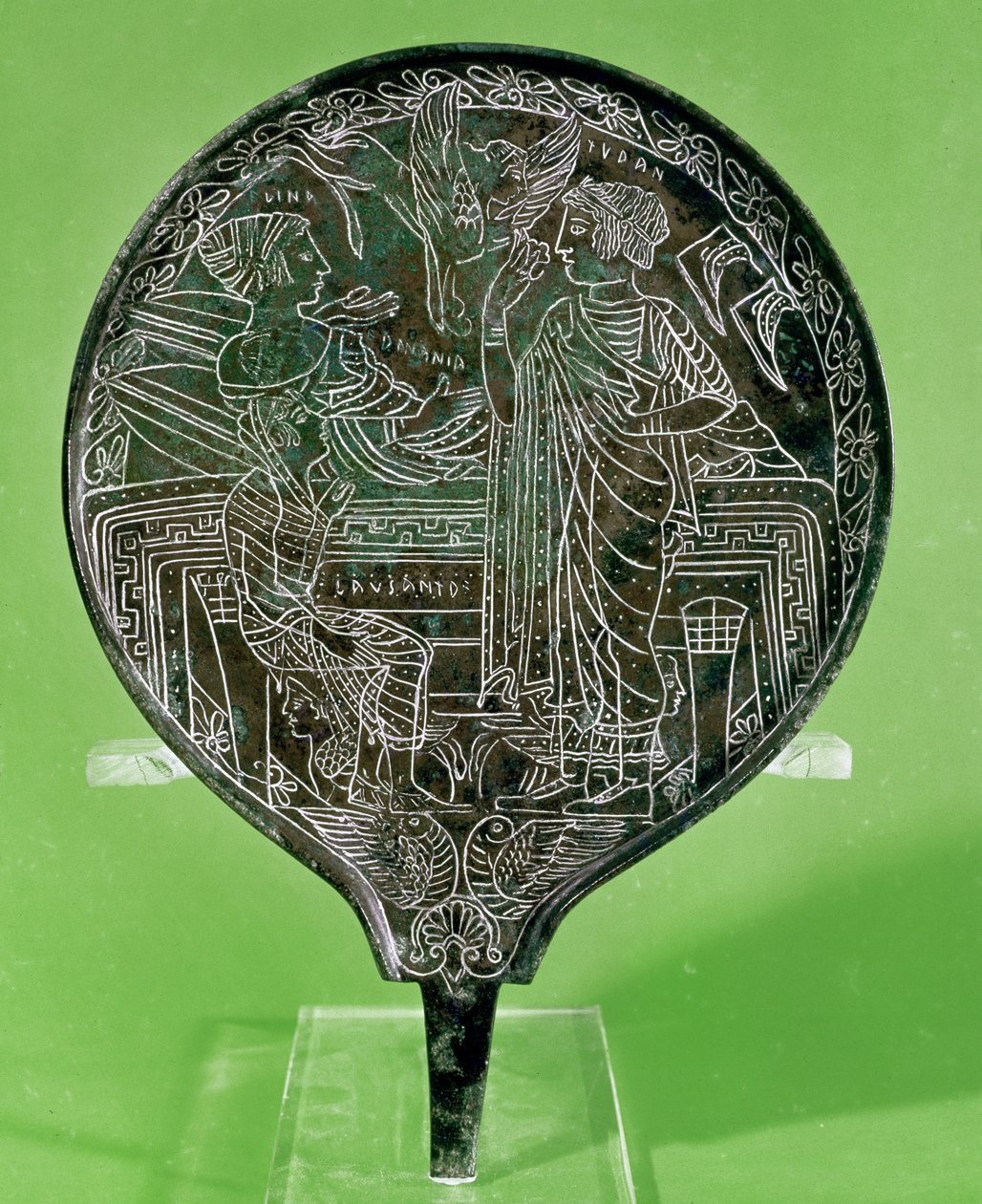 Tükör, amely Aphroditét ábrázolja, amint ráveszi Helenát, hogy kövesse Párizst Trójába, Palestrinából (bronz) alkotó: Etruscan