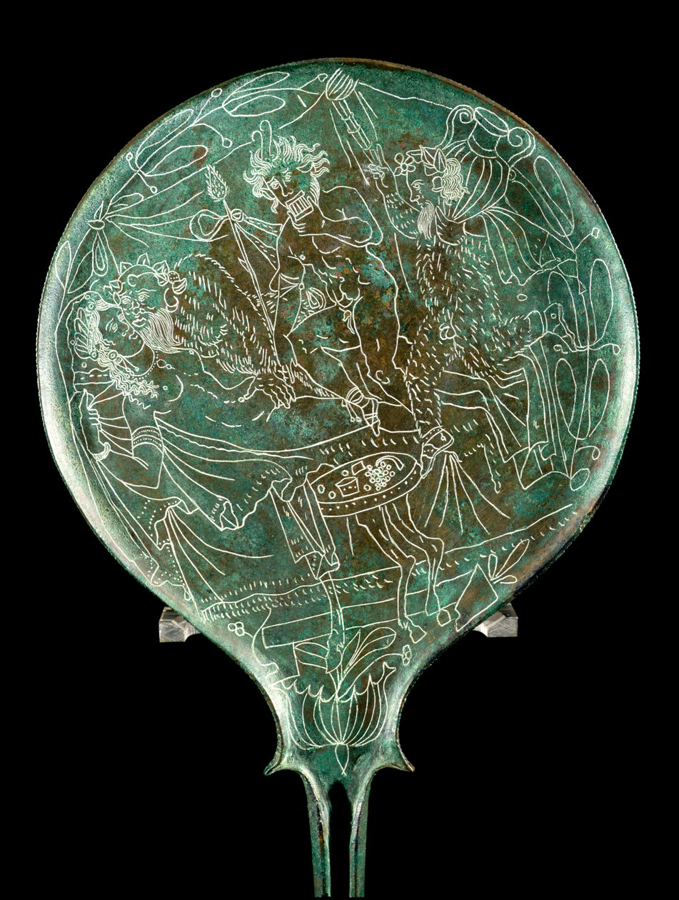 Mitológiai jelenetet ábrázoló tükör Palestrinából (Praeneste) (bronz) alkotó: Etruscan