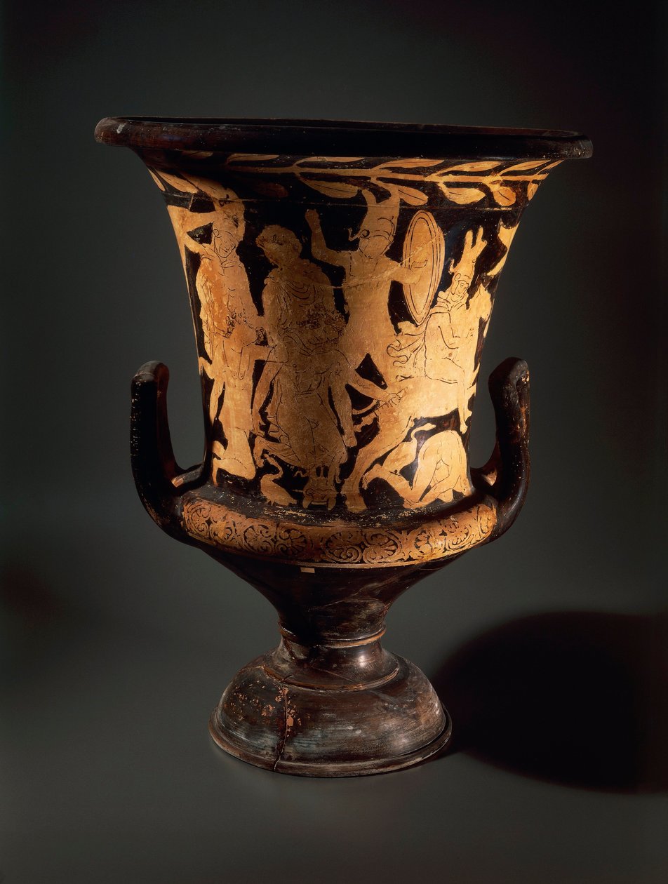 Vörös alakos kerámia, Kehely kráter harcoló harcosokkal, a Vulcente Műhelytől alkotó: Etruscan