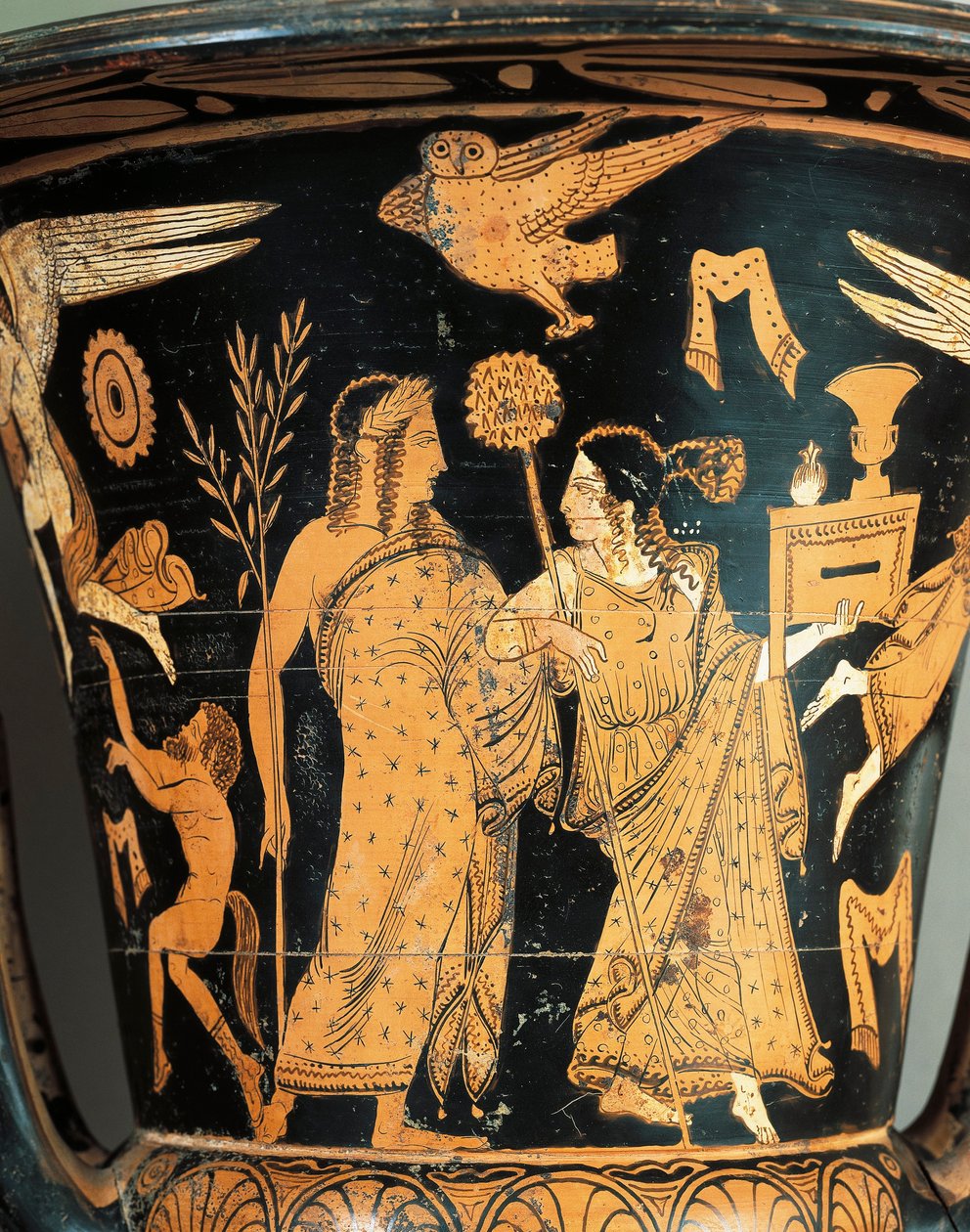 Piros alakos kerámia, Kráter, Civita Castellana, ókori Falerii, Róma tartomány, Olaszország, részlet, koronás Dionüszosz és Ariadné alkotó: Etruscan