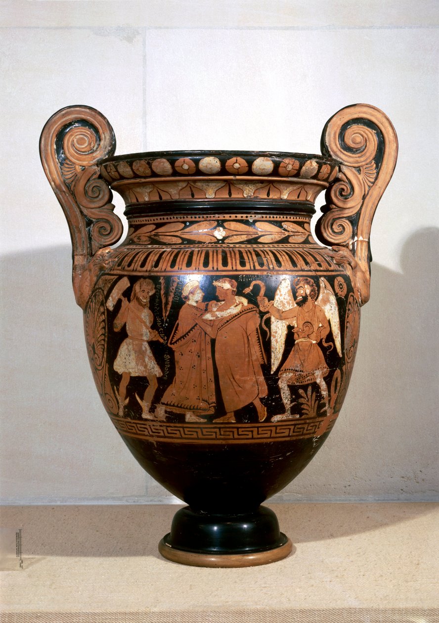Vörös alakos kerámia, Volute krater, amely Alcestist ábrázolja, aki i.sz. metust ölel, és nevek felirata, Alcestis Painter alkotó: Etruscan