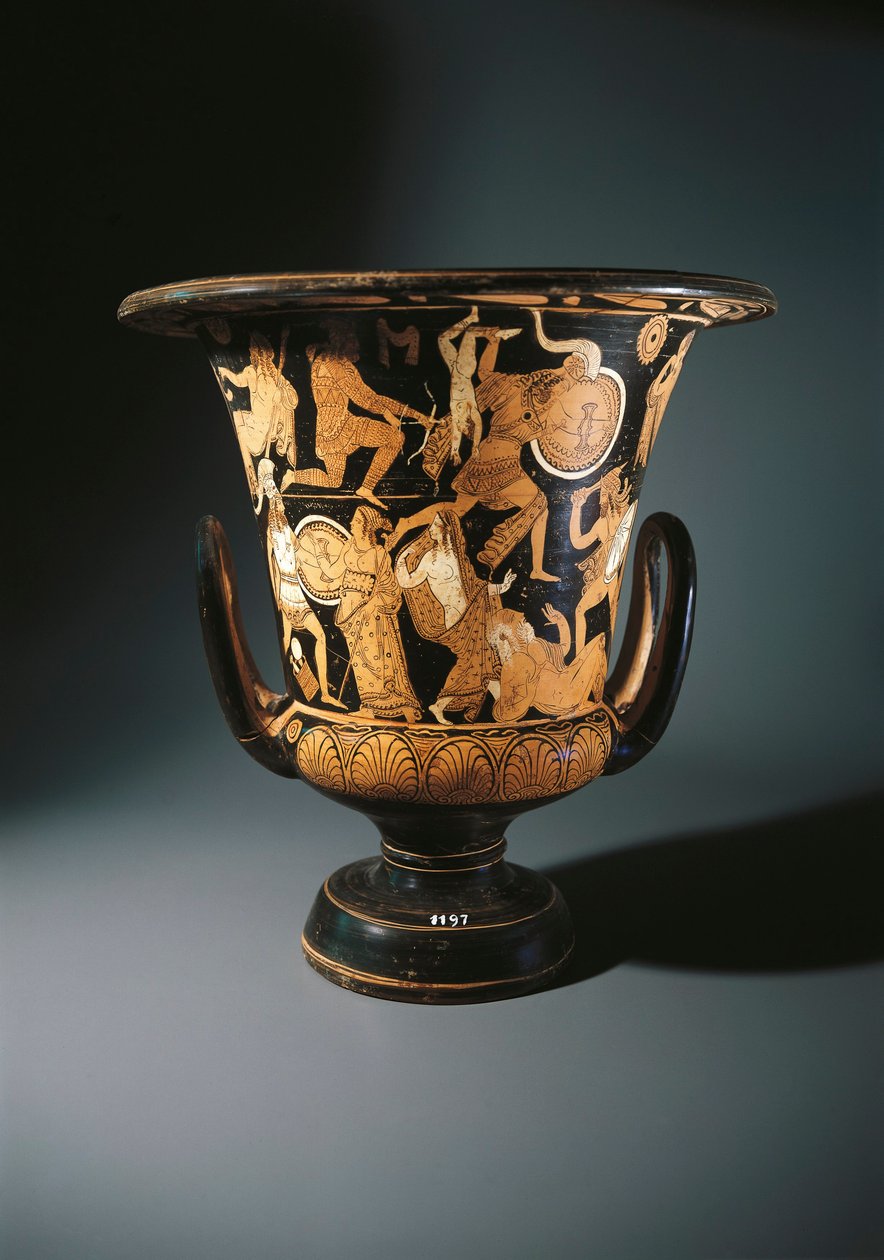Piros formájú kerámia, kelyhes kráter Neoptolemust, Astyanaxot, Trójai Helénát és Priamót a földön, Nazzano festőtől, Civita Castellanától alkotó: Etruscan
