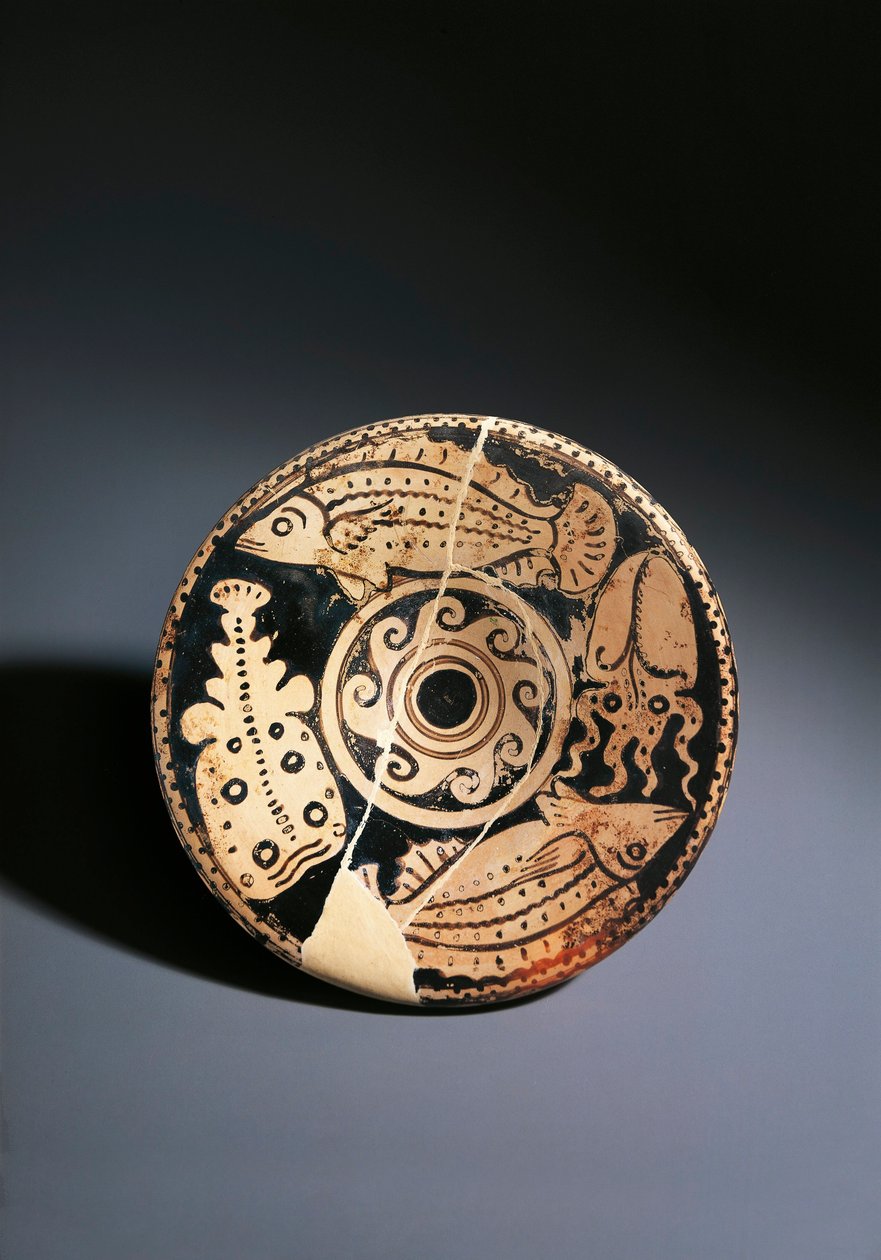 Cerveteri vörös alakú kerámia tál halas díszítéssel, Cerveteriből alkotó: Etruscan
