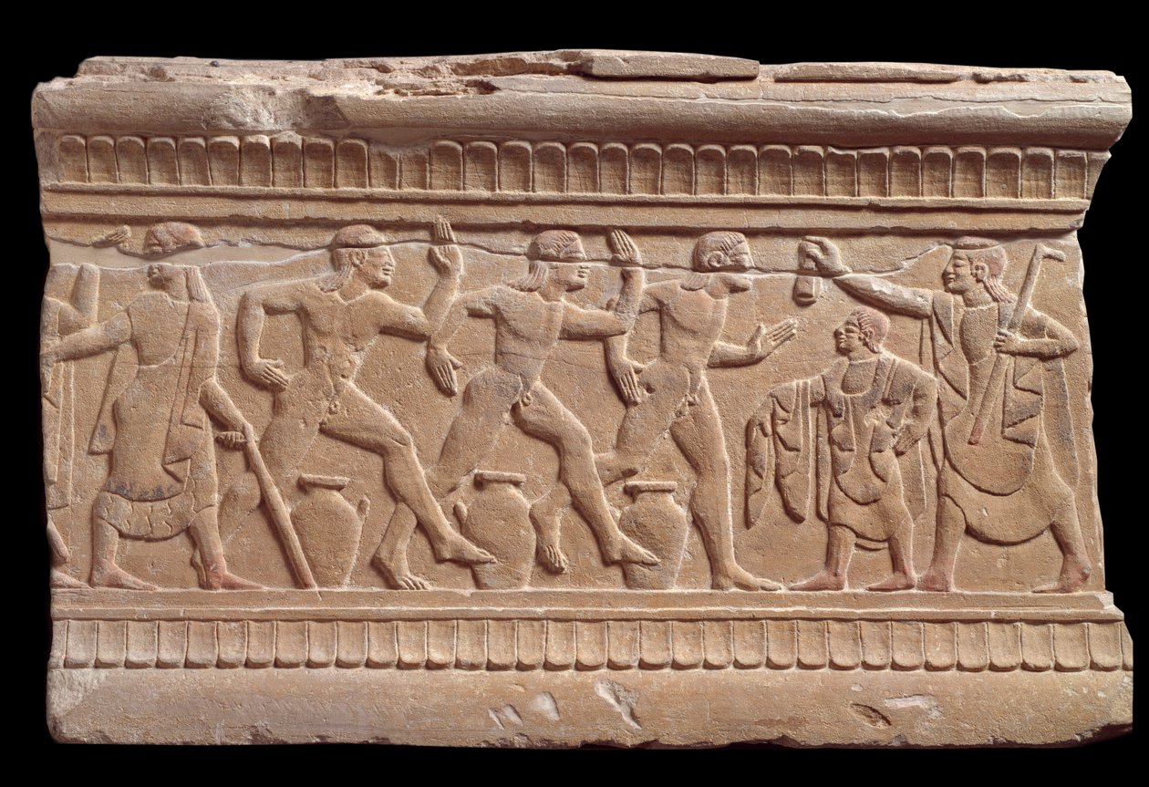 Megkönnyebbülés sportolók versenyével az olaszországi Chiusi márvány mérföldkövéről, Kr.e. 6. század alkotó: Etruscan