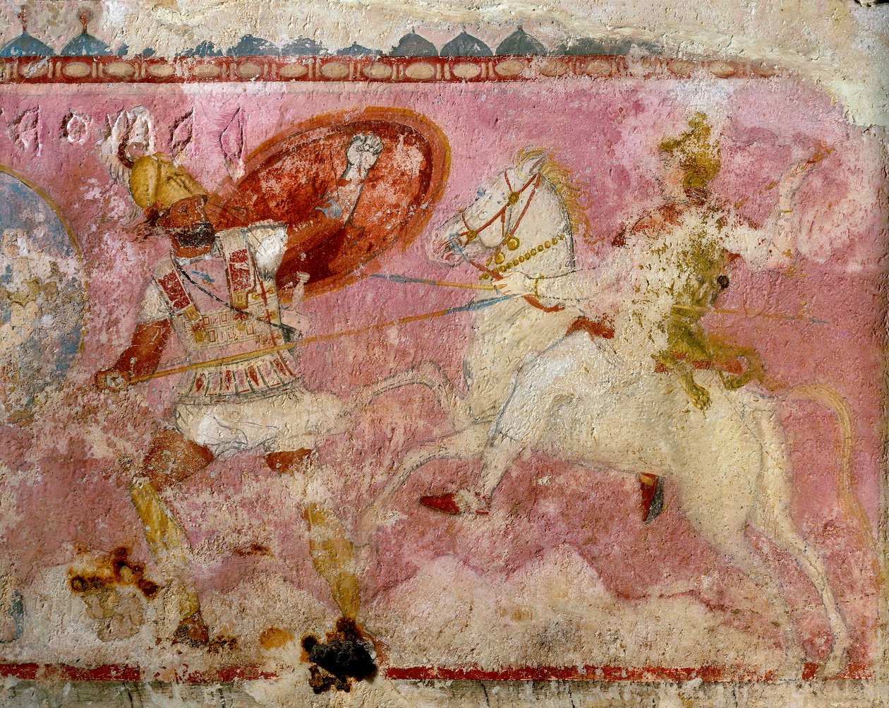 Amazónok szarkofágja festett csatajelenettel, fehér mészkő, Tarquinia, Latium régió, Olaszország, részlet alkotó: Etruscan