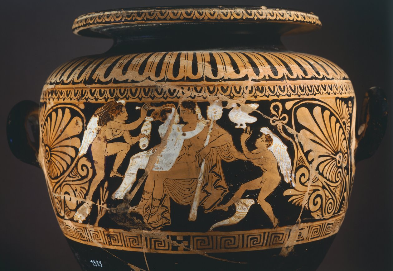 Stamnos (folyadéktároló edény), Dionüszosz és Ariadné részlete. Piros alakos kerámia Poranóból (Umbria). Etruszk civilizáció, Kr. e. 4. század. alkotó: Etruscan
