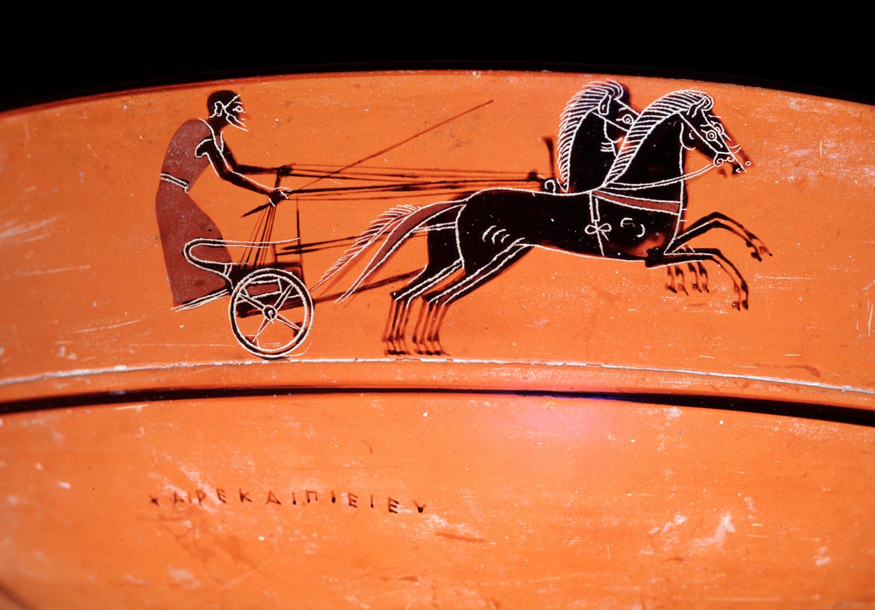 Terrakotta vázarészlet, amely két ló által húzott szekeret ábrázol, ie 4. században alkotó: Etruscan