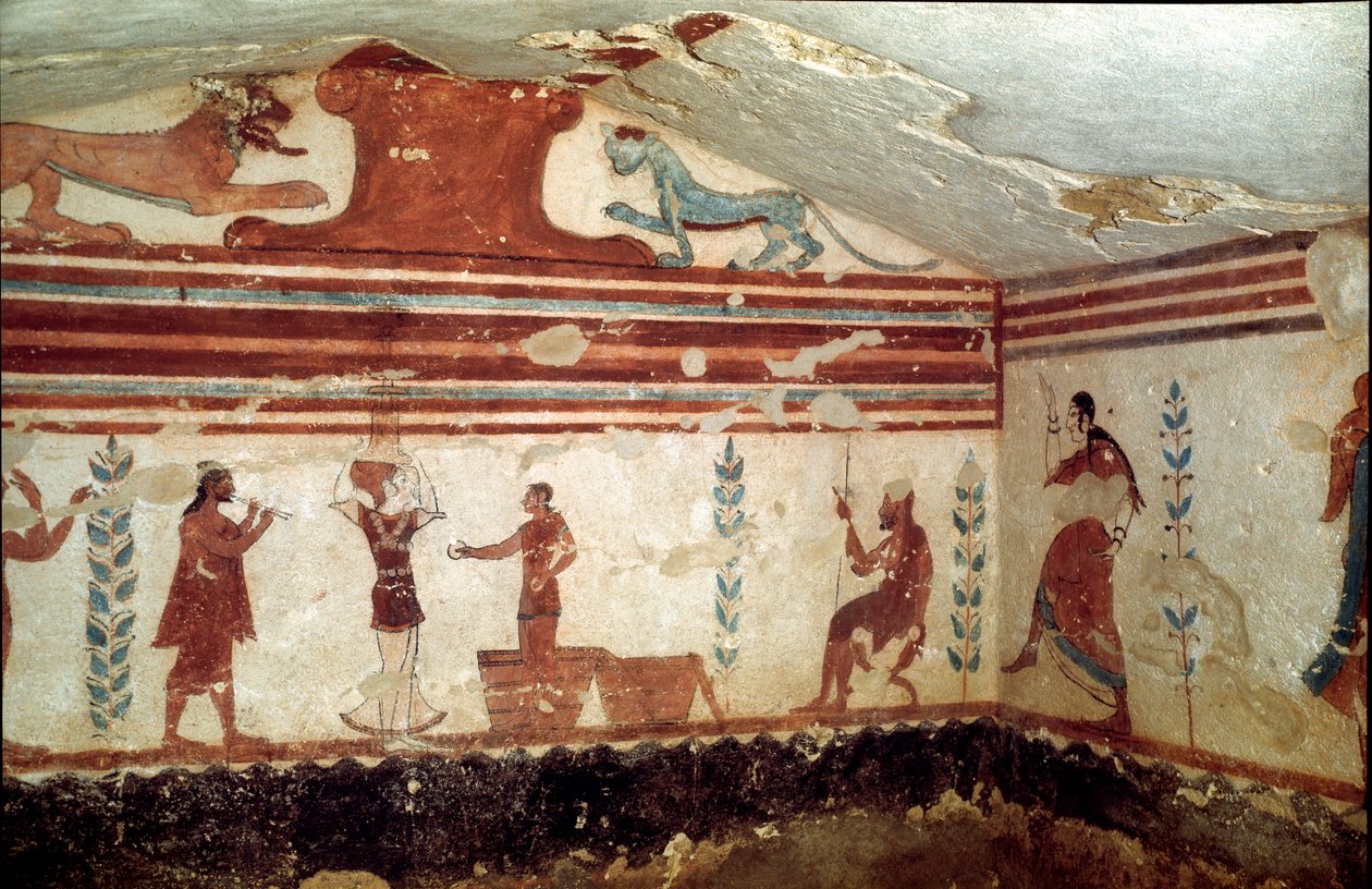 A zsámolyon ülő elhunyt egy előadáson vesz részt zsonglőrökkel és táncosokkal (Freskó, részlet, ie 530) alkotó: Etruscan