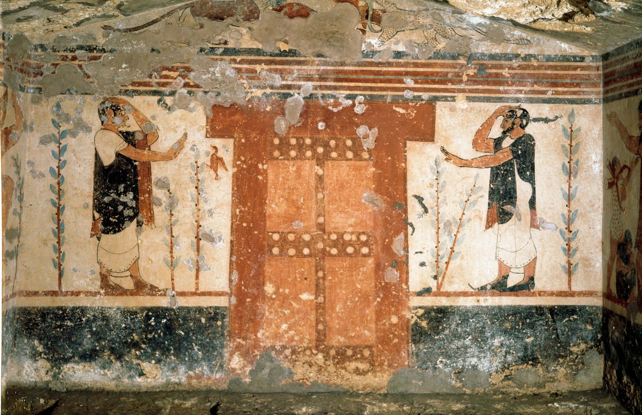 Két karakter köszön a kapu közelében, jelképezi a Halál birodalmába való belépést (Freskó, ie 530) alkotó: Etruscan