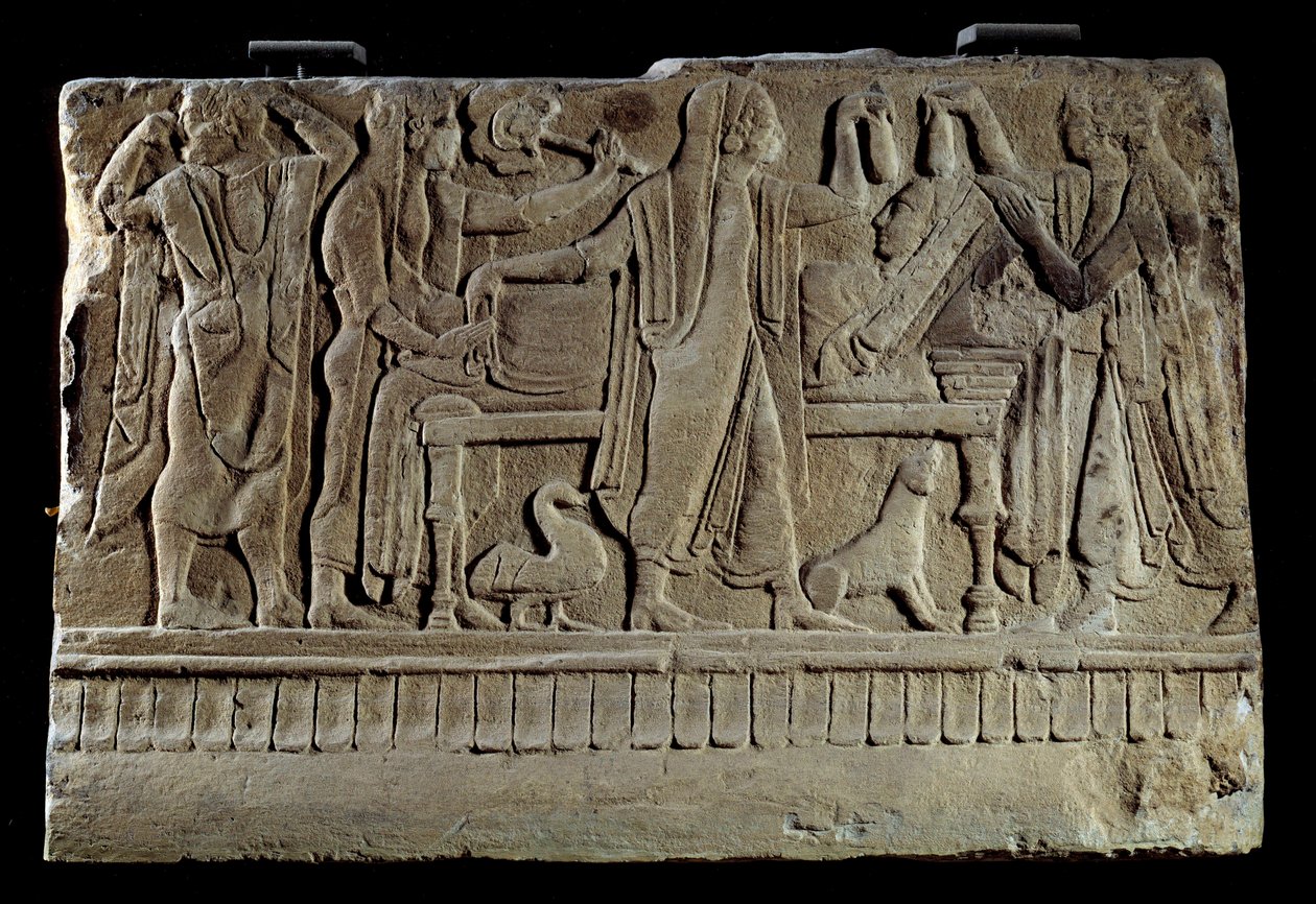 Etruszk ókor: temetési cippe emléktáblája. Kiállítás az elhunytról a temetési ágyán. Párizs, Musee du Louvre alkotó: Etruscan Etruscan