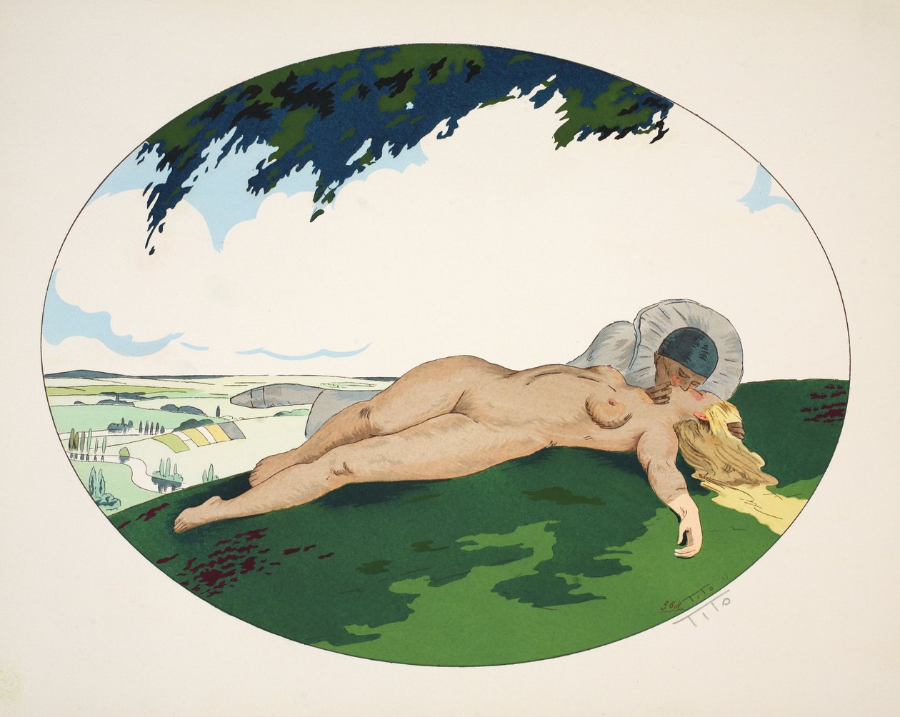 Az öt érzék – hallás, látás, szaglás, tapintás és ízlelés, kocsma. Párizs, 1925 (stencilnyomat) alkotó: Ettore Tito