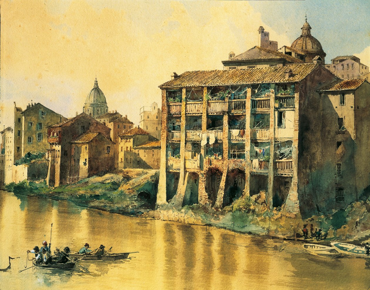 Olaszország, Róma, régi házak a Tiberis folyó mentén, Ettore Roesler Franz, akvarell alkotó: Ettore Roesler Franz