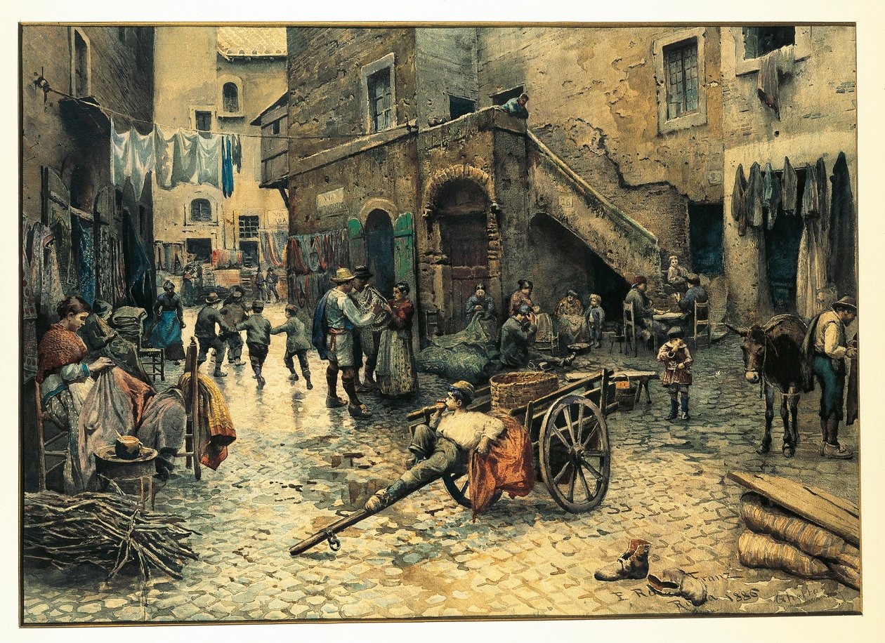 Olaszország, Róma, Utcai élet a Via Capocciuton a (zsidó) gettóban Rómában, Ettore Roesler Franz, akvarell alkotó: Ettore Roesler Franz