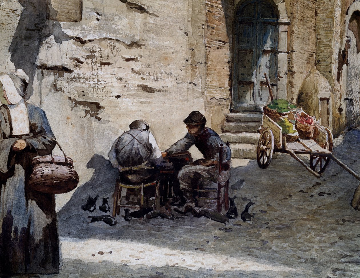 Régi középkori házak a Lungarettán, Ettore Roesler Franz (1845-1907), akvarell a Vanished Rome sorozatból, Detail, Olaszország alkotó: Ettore Roesler Franz