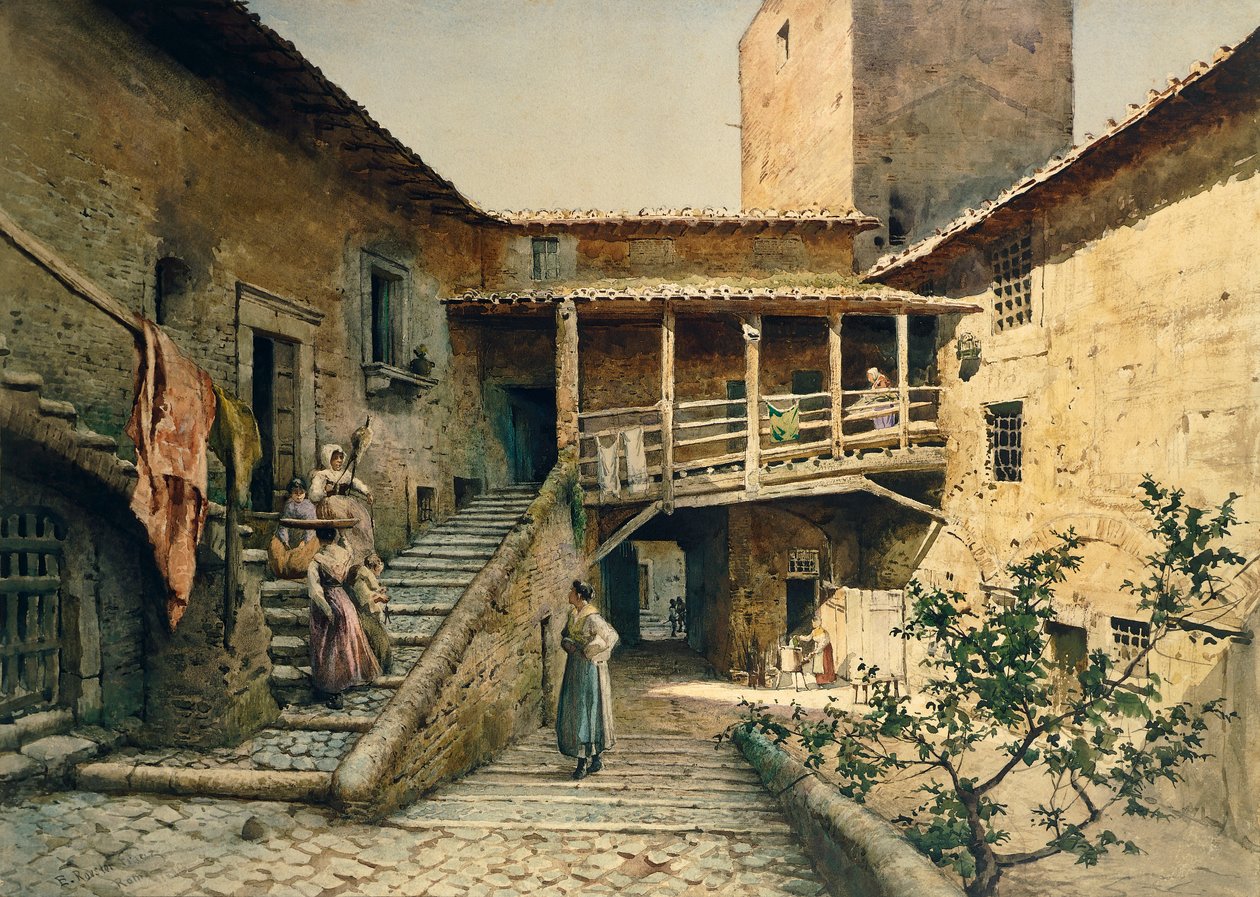A római Anguillara-palota udvara, Ettore Roesler Franz (1845-1907) Eltűnt Róma című sorozatából. alkotó: Ettore Roesler Franz