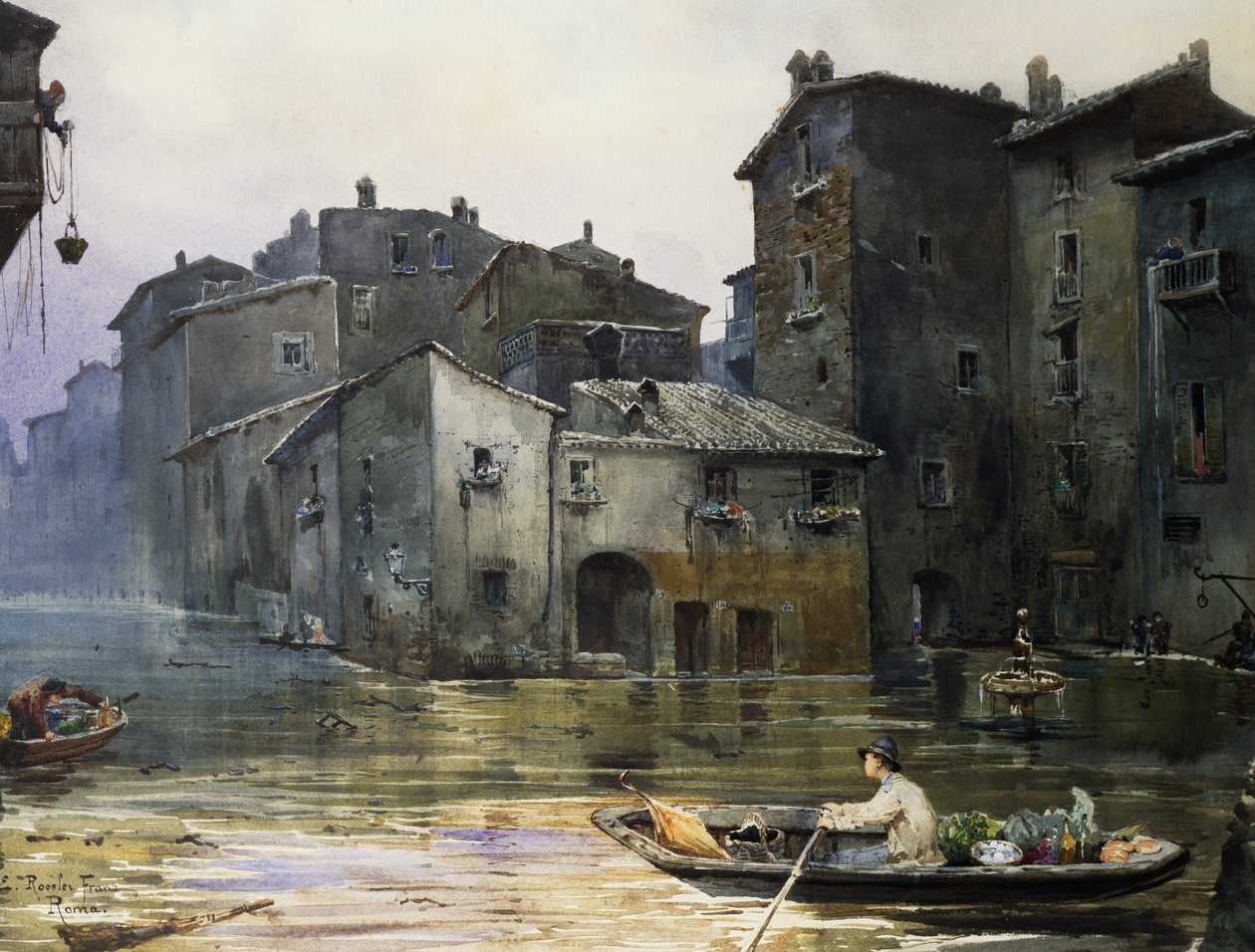 Via della Fiumara elárasztotta Rómában, Ettore Roesler Franz (1845-1907), akvarell, Olaszország alkotó: Ettore Roesler Franz
