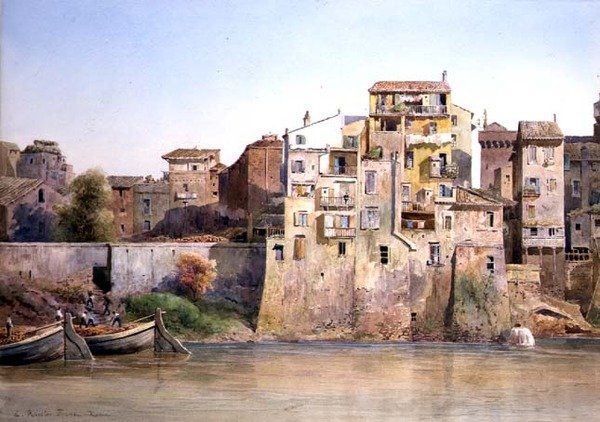 Kilátás a Tevere a Monte Brianzo-ra, Róma (akvarell papíron) alkotó: Ettore Roesler Franz