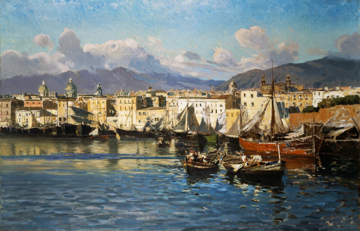 Palermo régi kikötője (olaj, vászon) alkotó: Ettore de Maria Bergler