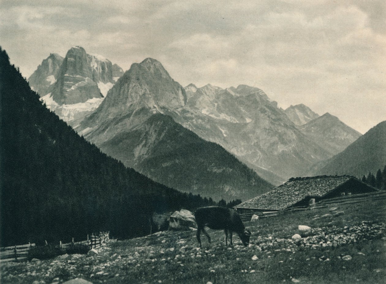 Kilátás a Brenta csoportra alpesi legelővel, Madonna di Campiglio, Dolomitok, Olaszország, 1927 alkotó: Eugen Poppel