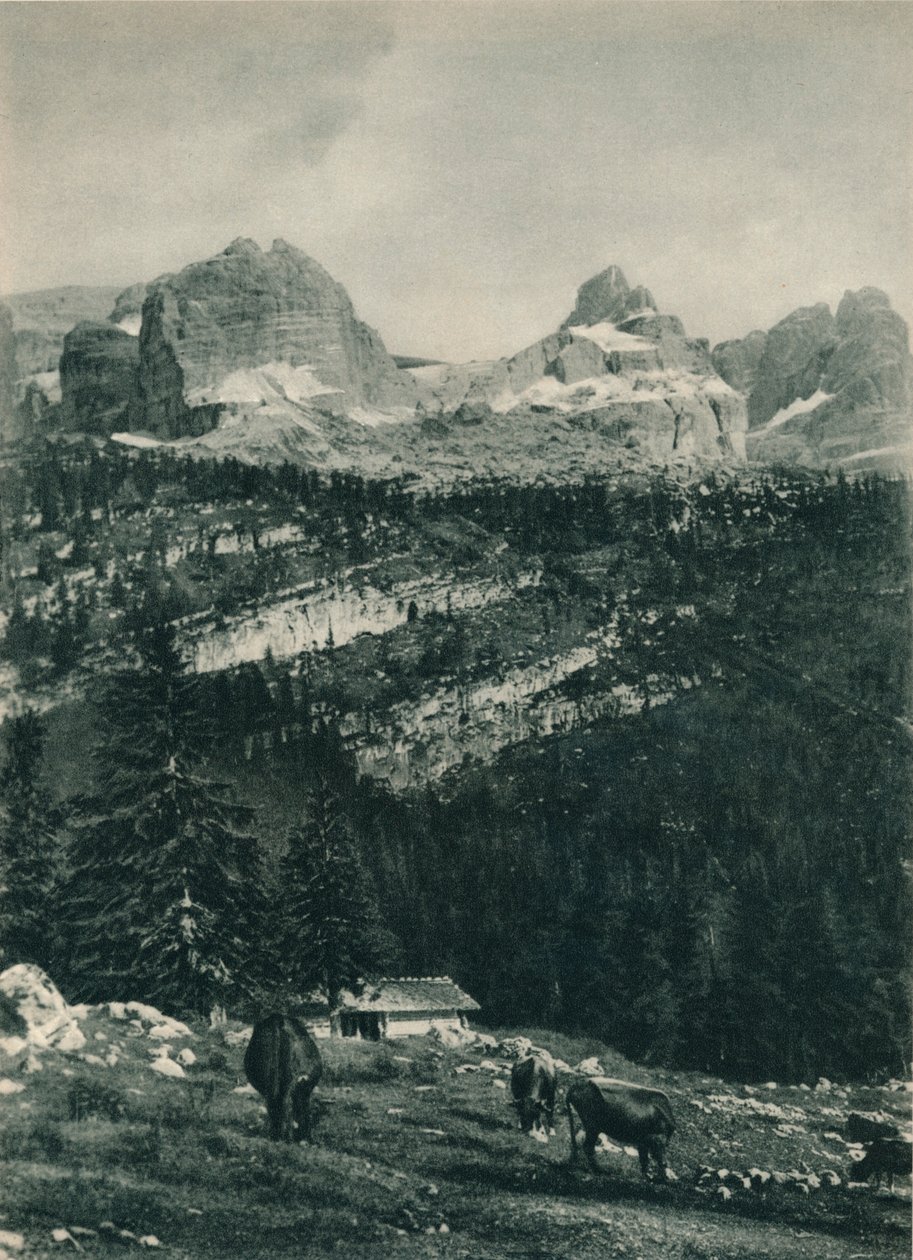 Kilátás a Brenta csoportra alpesi legelővel, Madonna di Campiglio, Dolomitok, Olaszország, 1927 alkotó: Eugen Poppel