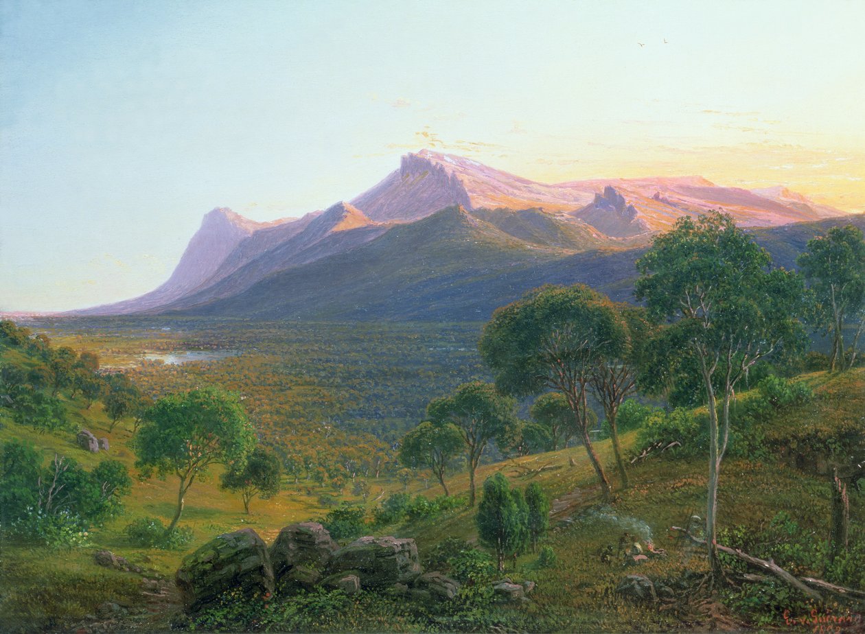 Aboriginek a tűz mellett a Mount William előtt, a Grampians-i Dryden-hegyről nézve, Victoria, 1892 (olaj) alkotó: Eugene von Guérard