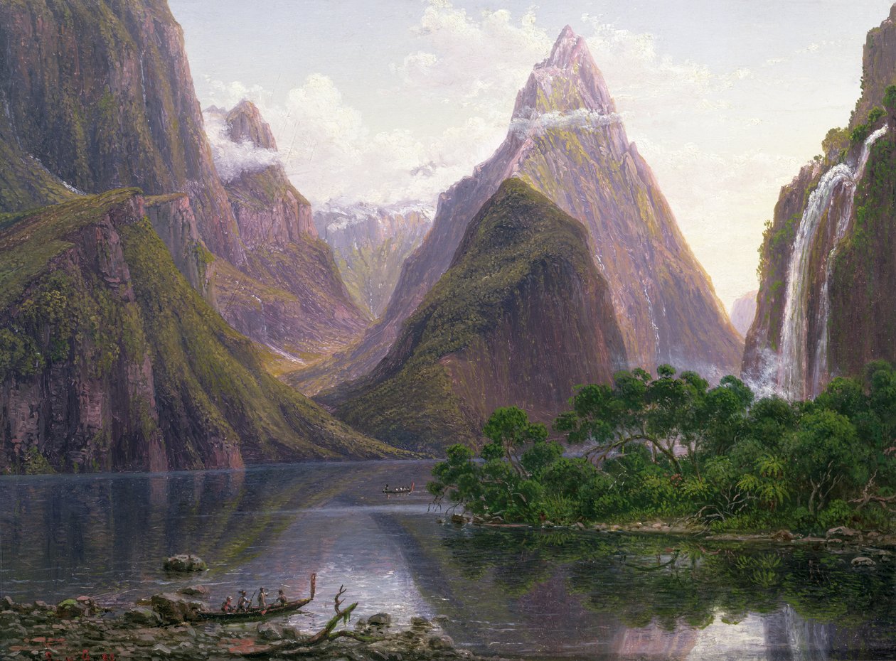 Az új-zélandi Dél-sziget nyugati partján, Milford Soundon egy kenuban bennszülött alakok a Mitre Peak és a Bowens Fall, 1892. alkotó: Eugene von Guérard