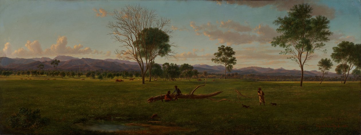 Kilátás a Gippsland -Alpokra, az Avon folyón található Bushy Parkból alkotó: Eugene von Guérard