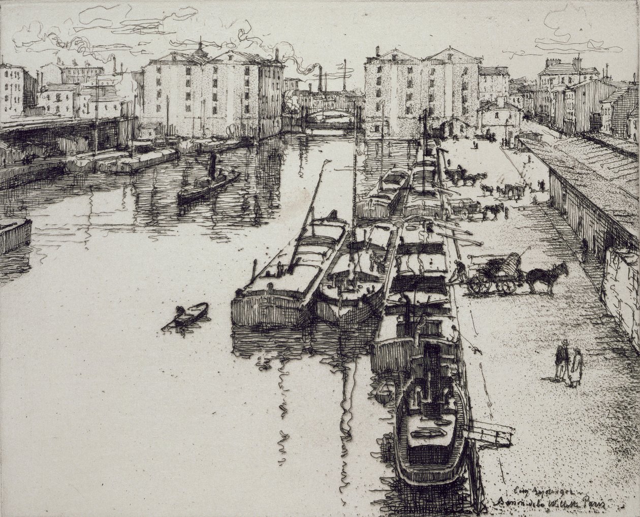 Bassin de la Villette, a "Du Ier au XXeme: Les Arondissements de Paris..." című, 1903-ban megjelent kötetből. alkotó: Eugene Bejot