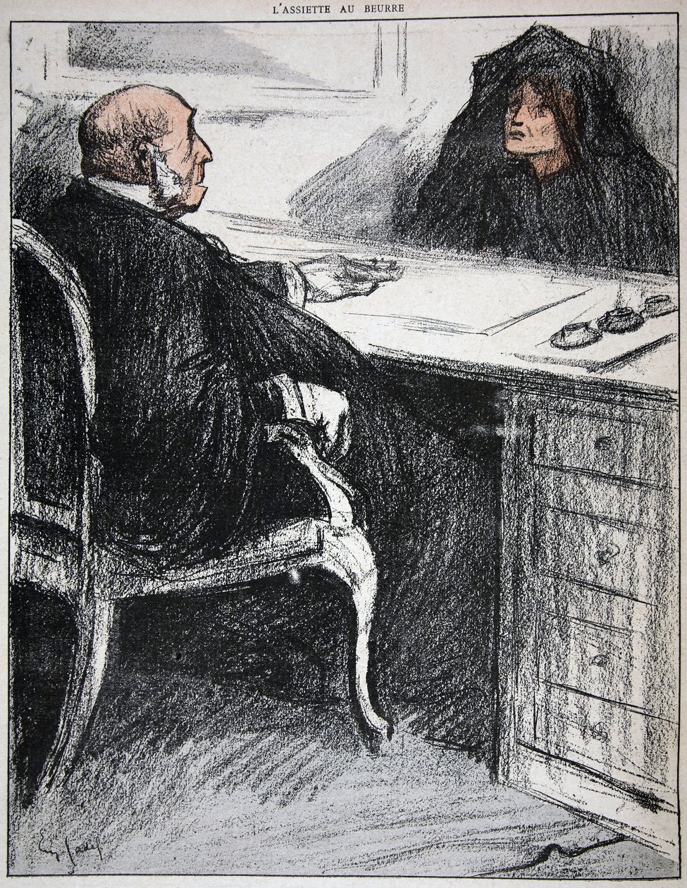 Özvegy igazságügyi tisztviselővel, illusztráció a „The Butter Plate: The Officials” című filmből, 1902. augusztus 9. alkotó: Eugene Cadel