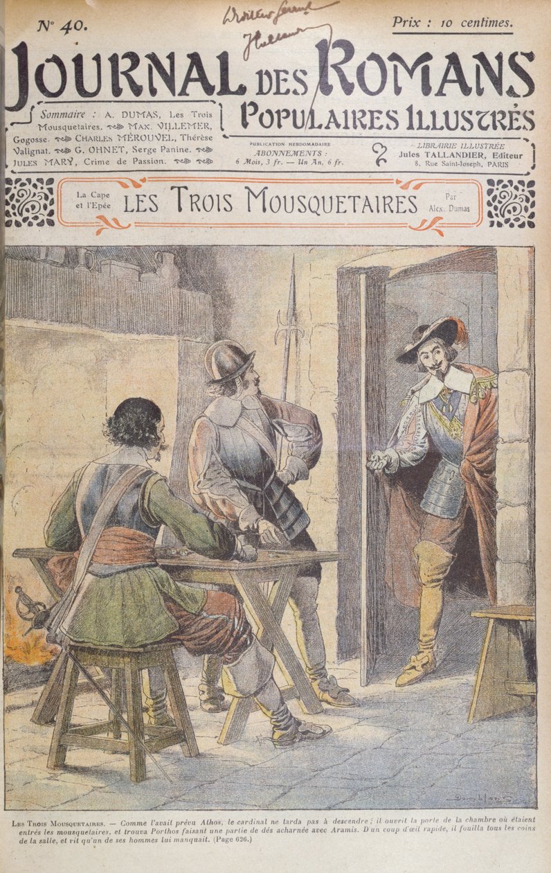 Alexandre Dumas pere (1803-70) "A három testőr" című regényének címlapja a "Journal des Romans Populaires Illustres"-ből, 1905. alkotó: Eugene Damblans