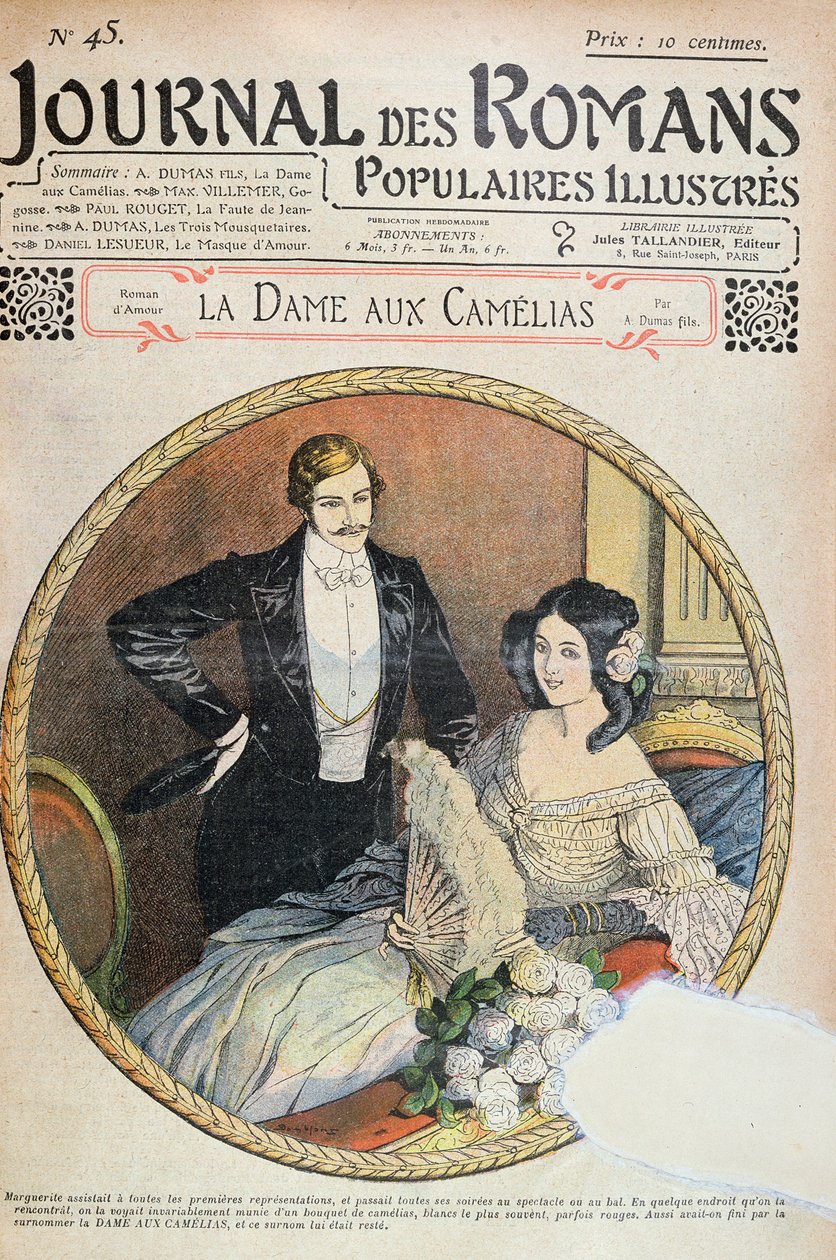 Marguerite fehér kaméliás csokorral a színházi dobozban, illusztrációja A. Dumas fils „La Dame aux Camelias” című művéhez a „Journal des Romans”-ban, 1905 alkotó: Eugene Damblans