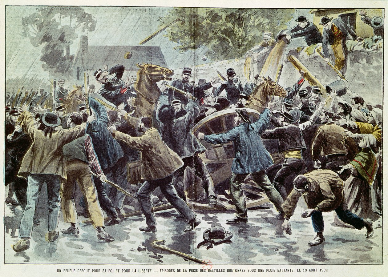 Bretagne-i zavargások 1902. augusztus 18., bretonok a gyülekezési törvény végrehajtása ellen, 1902 (színes metszet) alkotó: Eugene Damblans
