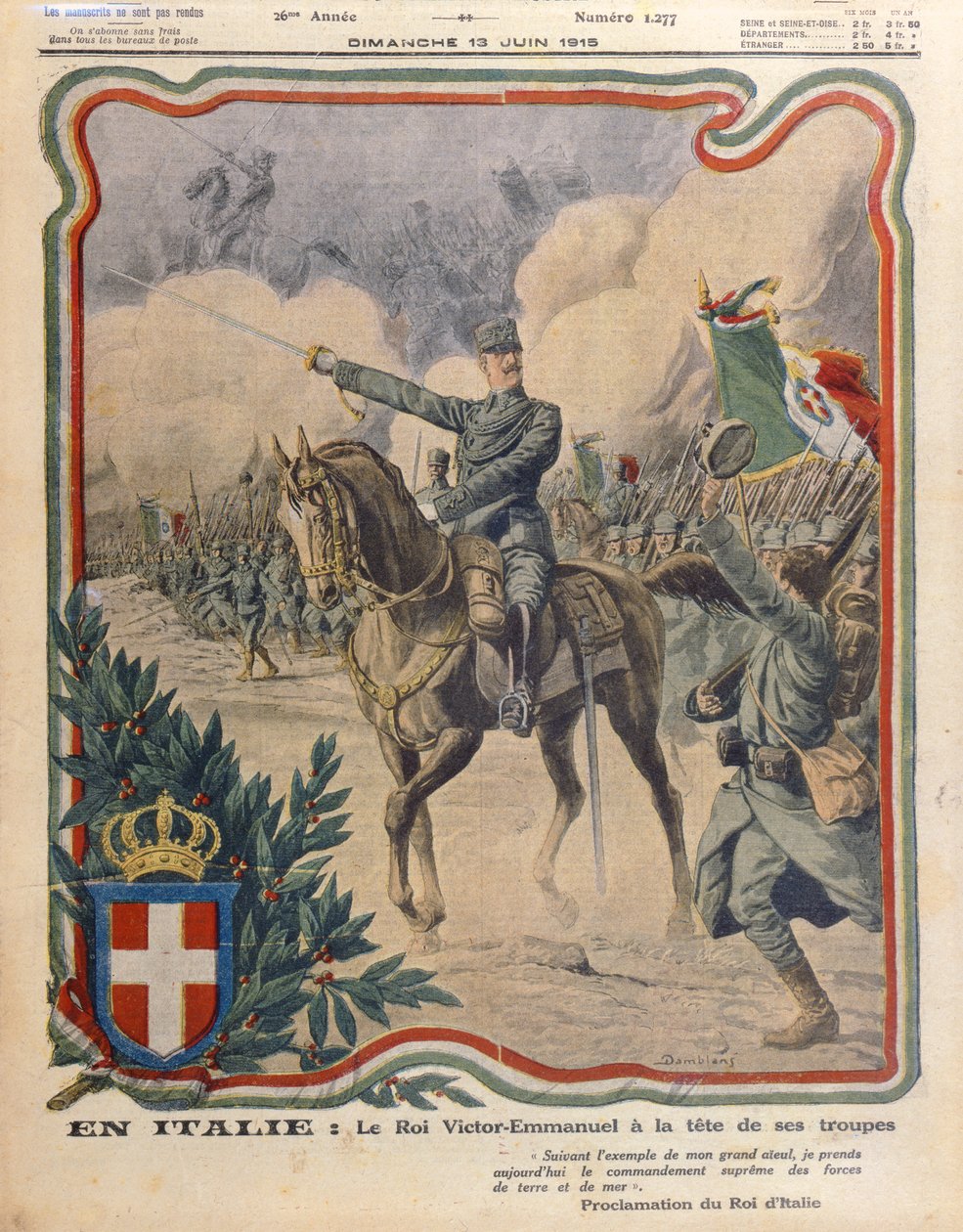 Victor Emmanuel III (1869-1947) a hadseregét vezeti, illusztráció a „Le Petit Journal”-ból, 1915. június 13-án alkotó: Eugene Damblans