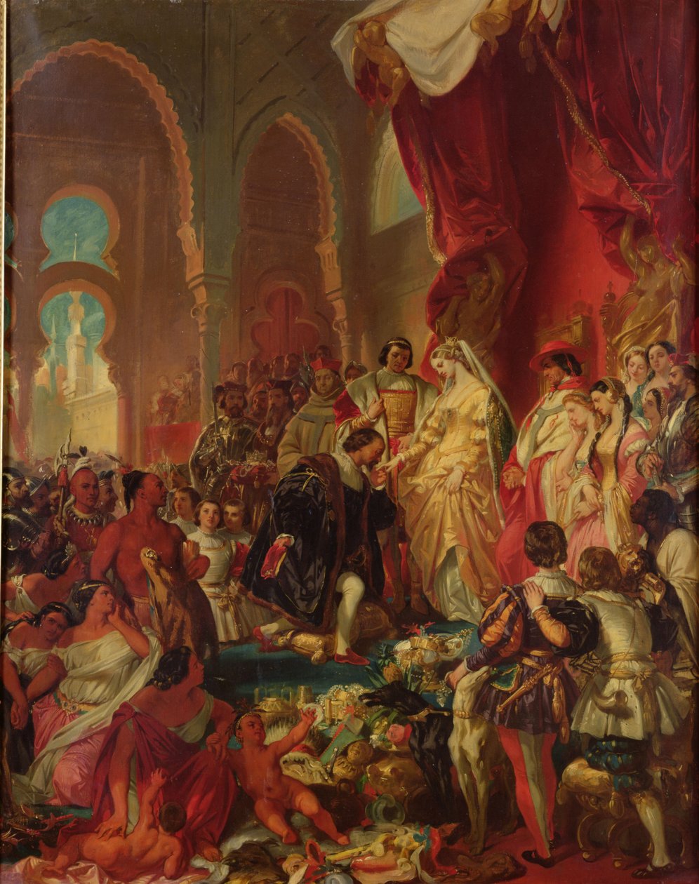 Kolumbusz Kristóf (1450-1506) II. Ferdinánd (1452-1516) aragóniai és Izabella (1451-1504) előtt, 1861 alkotó: Eugene Deveria