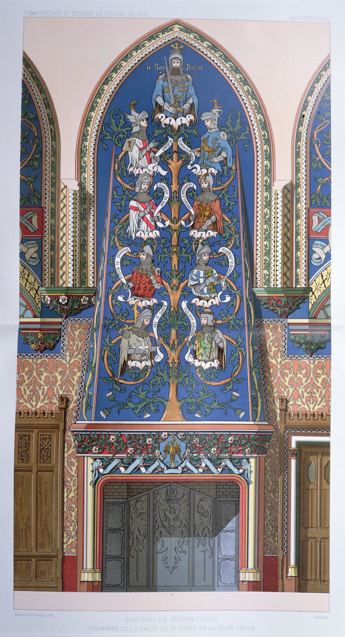 Artúr királyt és a kerekasztal lovagjait ábrázoló dekorációs terv a Cesar-torony kandallójához a Chateau de Pierrefonds-ban (Franciaország) (lásd még 101640). alkotó: Eugene Emmanuel Viollet le Duc
