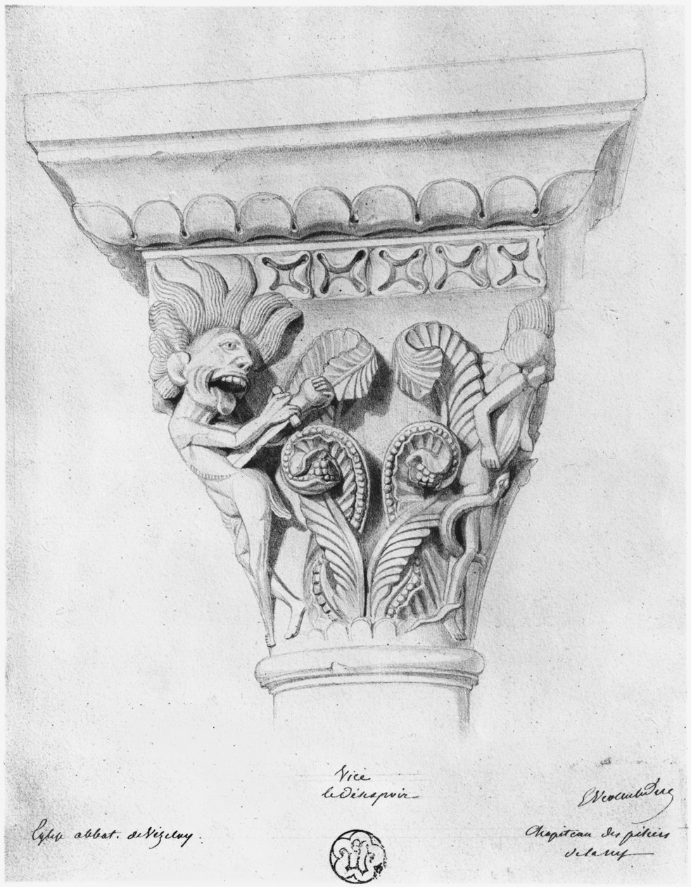 A kétségbeesés vétkét ábrázoló tőke, La Madeleine apátsági templom, Vezelay, Franciaország alkotó: Eugene Emmanuel Viollet le Duc