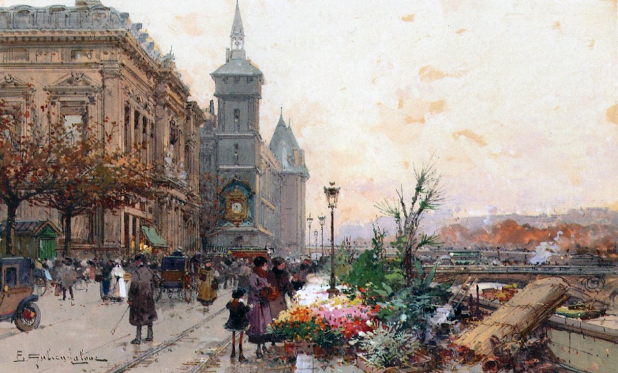 Virágpiac, Párizs (gouache és wc, papír) alkotó: Eugene Galien Laloue