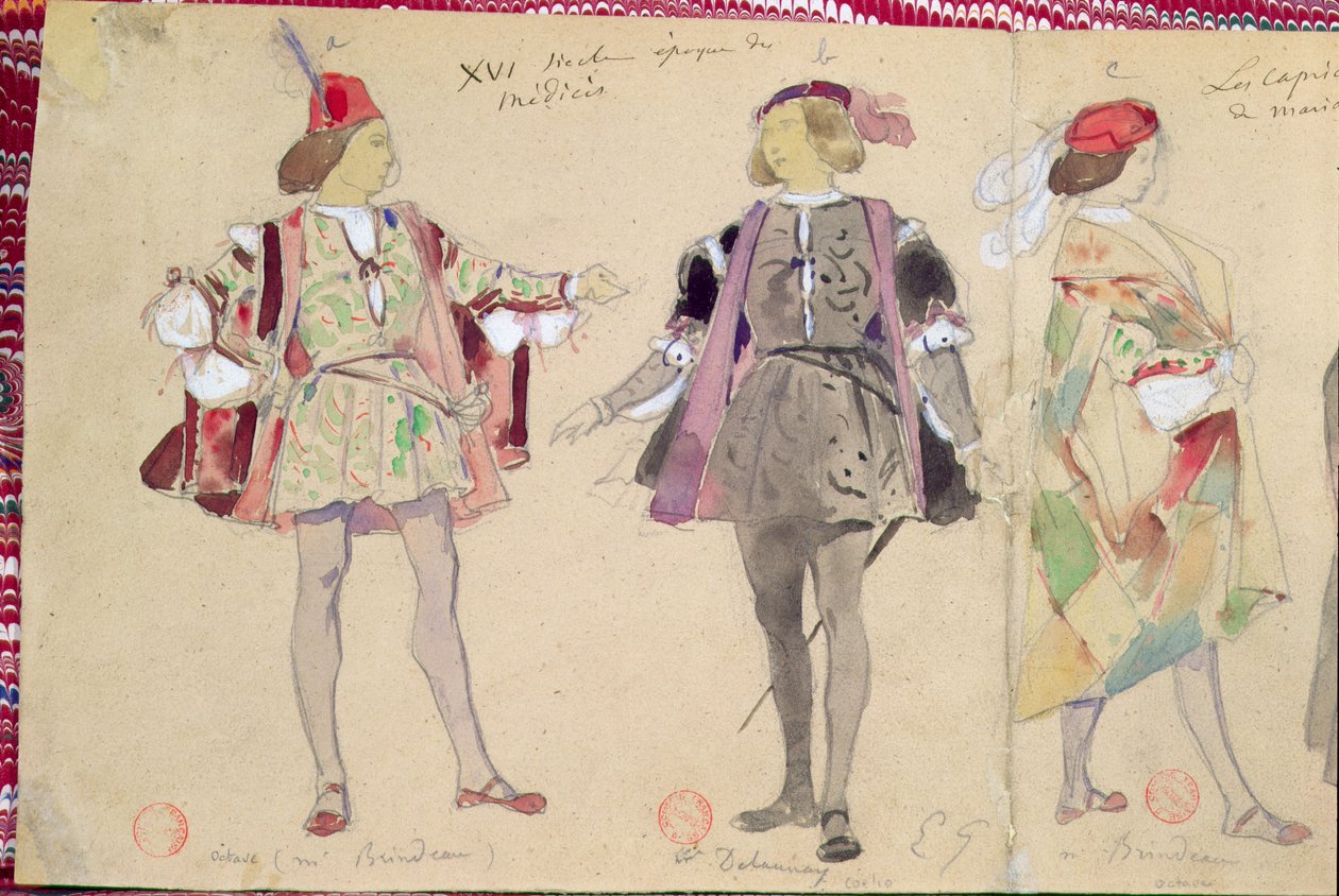 Jelmeztervek Octave-hoz (Brindeau) és Coelio-hoz (Delaunay) Alfred de Musset (1810-57) Les Caprices de Marianne című művéhez alkotó: Pierre François Eugène Giraud