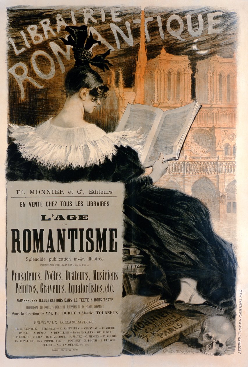 „Librairie Romantique” plakát, amely a romantika történetéről szóló könyvsorozatot hirdeti, 1887 alkotó: Eugene Grasset