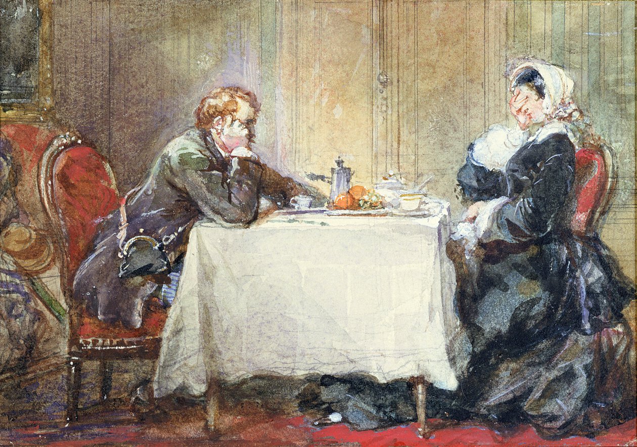 Alfred de Musset (1810-57) és George Sand (1804-76) az asztalnál, illusztráció Musset "Confession d