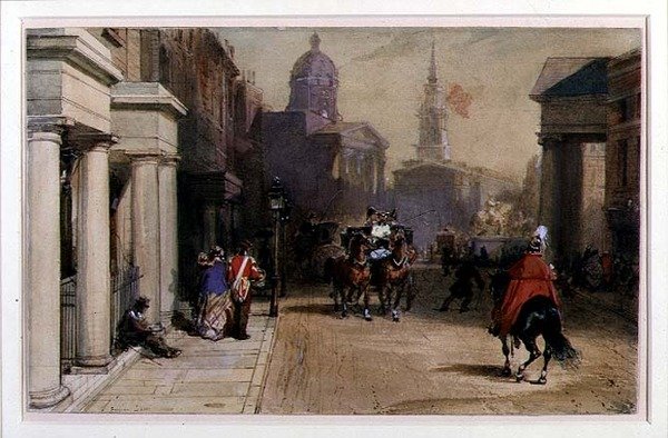 Trafalgar Square a Pall Mall bevásárlóközpontból, 1848-52 körül (akvarell és gouache, ceruza, papíron) alkotó: Eugene Louis Lami