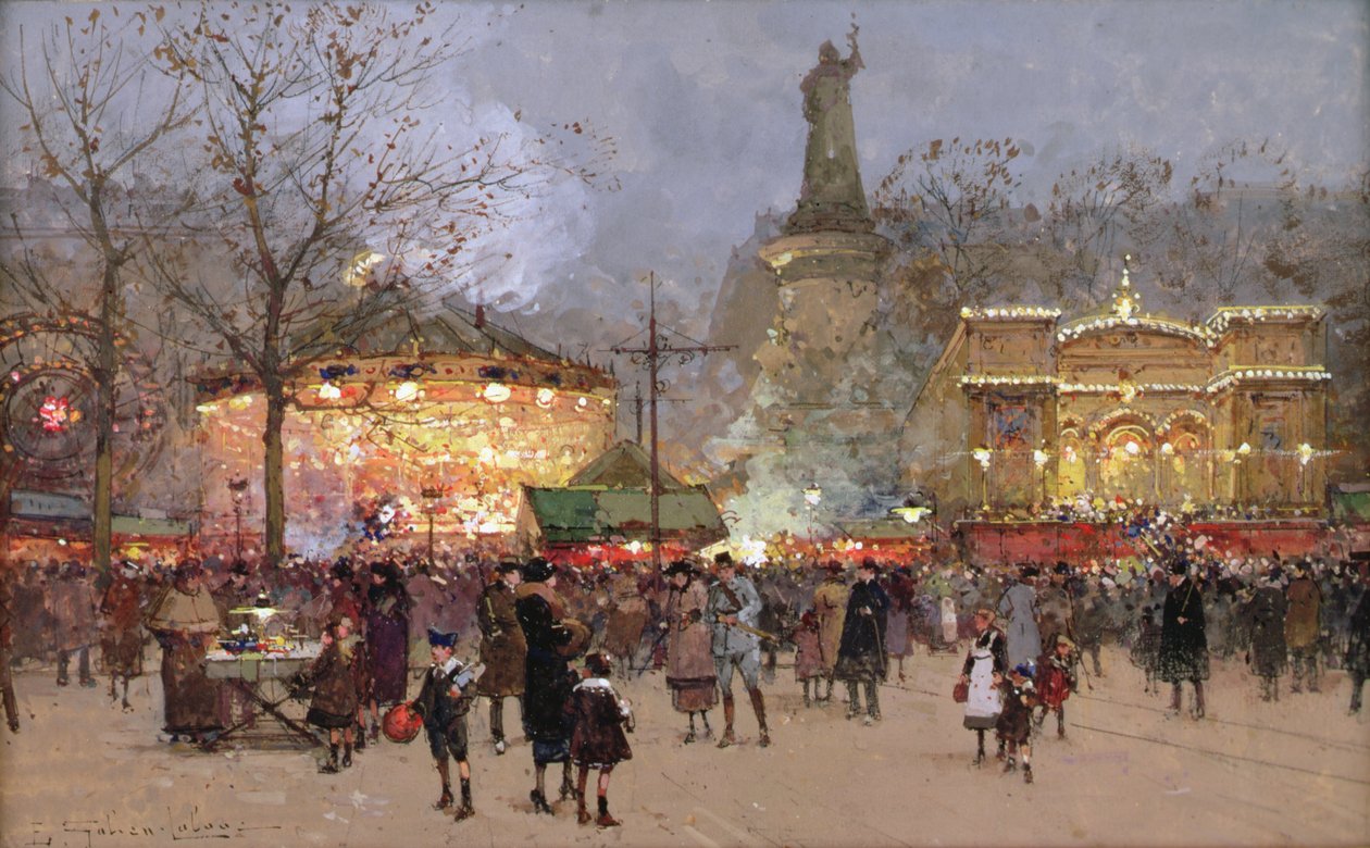 Fete, a Place de La Republique, Párizs (fekete kréta és gouache papíron) alkotó: Eugene Galien Laloue