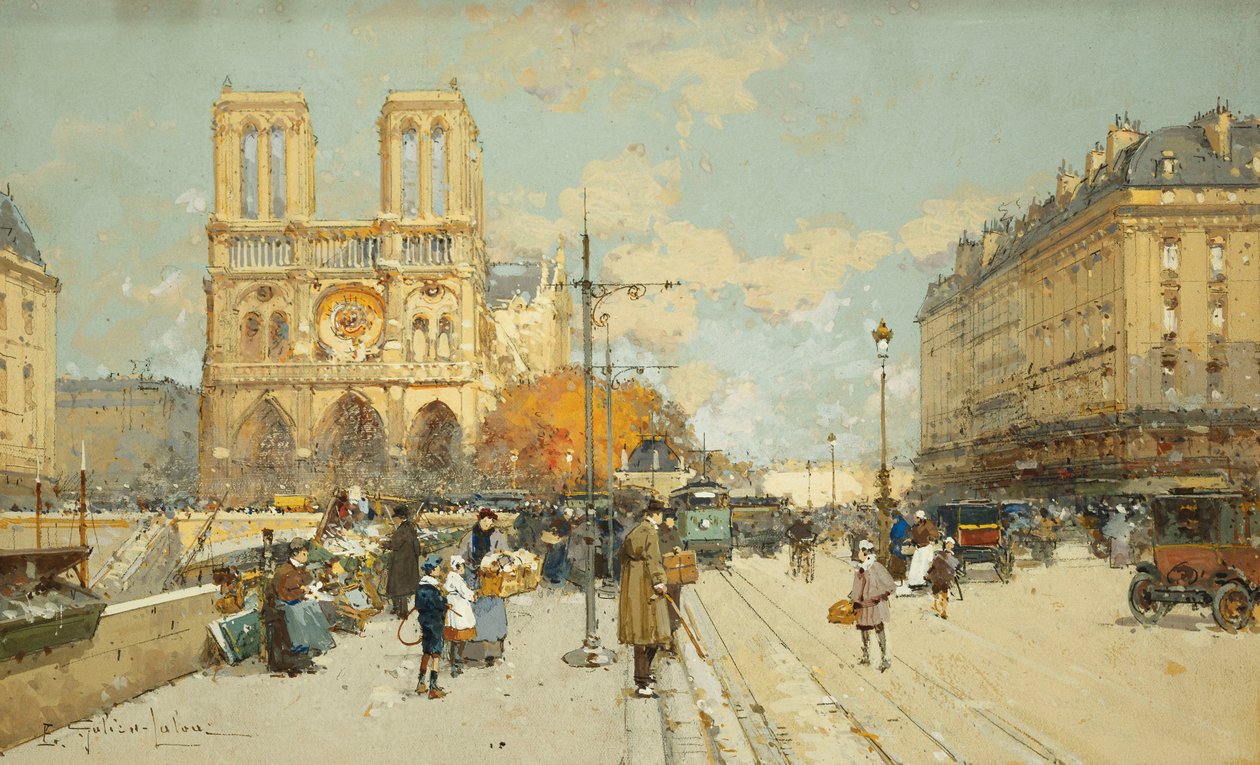 Alakok egy napsütötte párizsi utcában, a Notre Dame bal oldalán alkotó: Eugene Galien Laloue