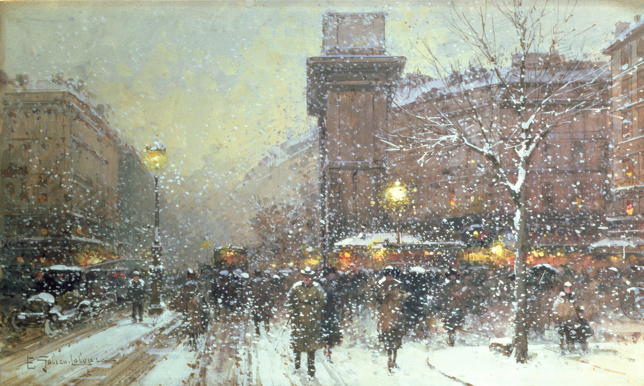 Porte St. Martin, Párizsban (fekete kréta és gouache papíron) alkotó: Eugene Galien Laloue