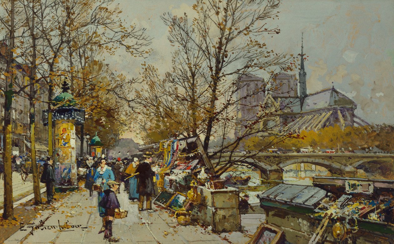 The Rive Gauche, Párizs, Notre Dame Beyonddal (testszín a kártyán) alkotó: Eugene Galien Laloue
