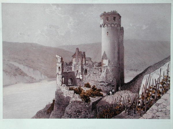 Schloss Ehrenfels a Rajna-völgyben, 1863 körül (színes litográfia) alkotó: Eugene (after) Ciceri